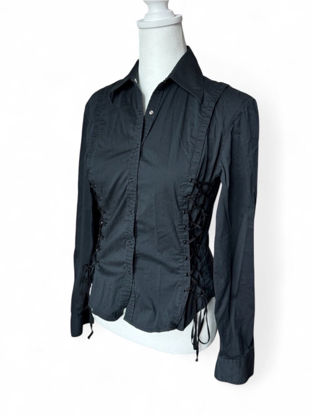 Express Vintage Black Lace-Up Corset Button Front Shirt Top Size 3/4